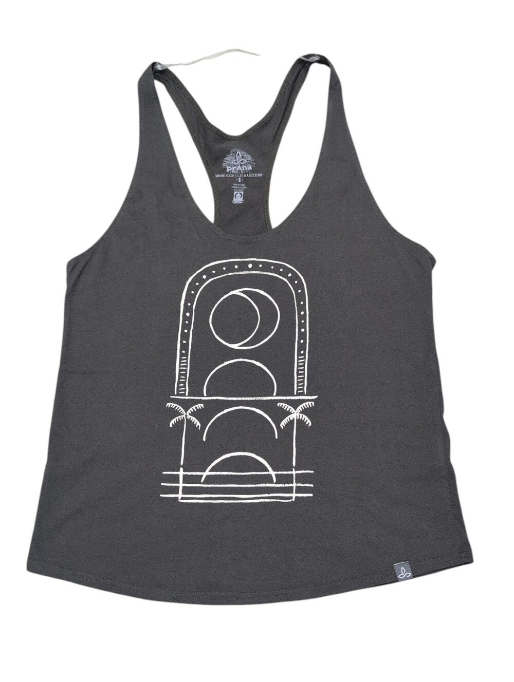 prAna Racerback Tank Top Dark Army Green Palm Tree Moon Print Sz Small Cotton